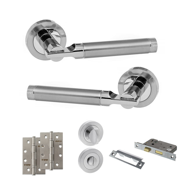 Quality image of STATUS Dakota Door Handle Pack (Bathroom Set - 3" CE Bathroom Lock, 4" Slim Knuckle Hinges x2) - Satin Chrome/Polished Chrome | Sku. adps36rscpc13 | available from Trade Door Handles.