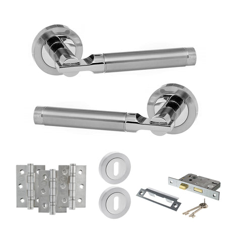 Quality image of STATUS Dakota Door Handle Pack (3 Lever Lock Set - 2.5" CE Sashlock, 3" Fire Rated Hinges x3) - Satin Chrome/Polished Chrome | Sku. adps36rscpc14 | available from Trade Door Handles.