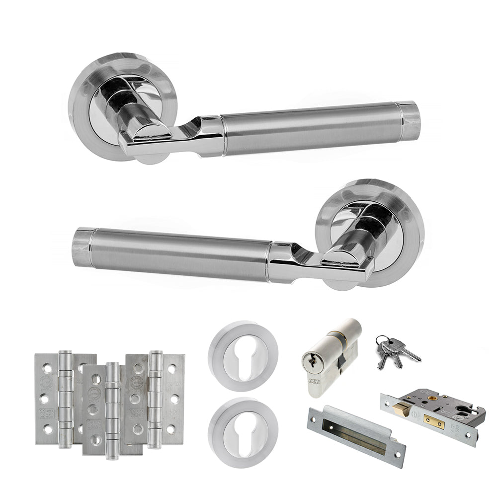 Quality image of STATUS Dakota Door Handle Pack (Euro Lock Set - 2.5" CE Sashlock, 3" Fire Rated Hinges x3) - Satin Chrome/Polished Chrome | Sku. adps36rscpc20 | available from Trade Door Handles.