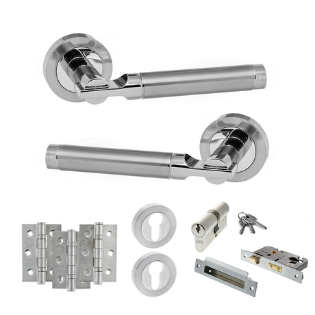 Quality image of STATUS Dakota Door Handle Pack (Euro Lock Set - 3" CE Sashlock, 3" Fire Rated Hinges x3) - Satin Chrome/Polished Chrome | Sku. adps36rscpc21 | available from Trade Door Handles.