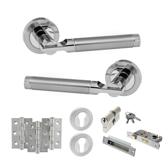 Quality image of STATUS Dakota Door Handle Pack (Euro Lock Set - 3" CE Sashlock, 3" Fire Rated Hinges x3) - Satin Chrome/Polished Chrome | Sku. adps36rscpc21 | available from Trade Door Handles.