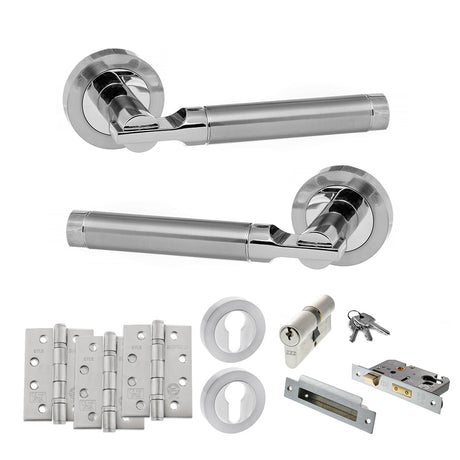 Quality image of STATUS Dakota Door Handle Pack (Euro Lock Set - 2.5" CE Sashlock, 4" Fire Rated Hinges x3) - Satin Chrome/Polished Chrome | Sku. adps36rscpc22 | available from Trade Door Handles.