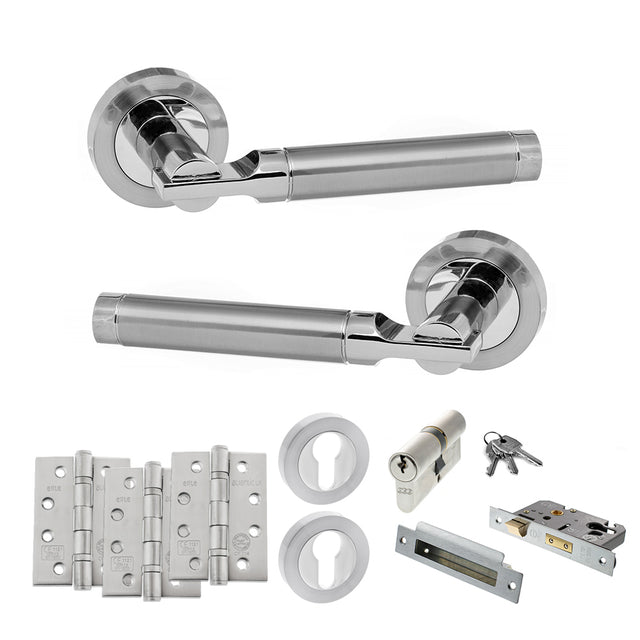 Quality image of STATUS Dakota Door Handle Pack (Euro Lock Set - 2.5" CE Sashlock, 4" Fire Rated Hinges x3) - Satin Chrome/Polished Chrome | Sku. adps36rscpc22 | available from Trade Door Handles.