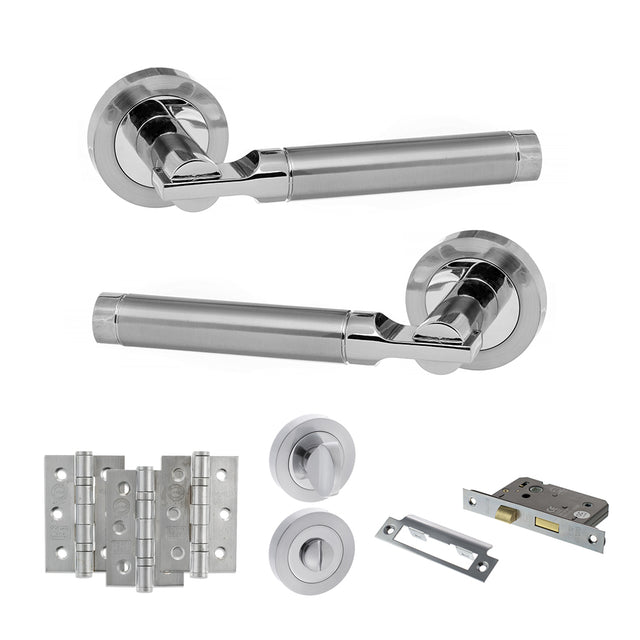 Quality image of STATUS Dakota Door Handle Pack (Bathroom Set - 3" CE Bathroom Lock, 3" Fire Rated Hinges x3) - Satin Chrome/Polished Chrome | Sku. adps36rscpc9 | available from Trade Door Handles.