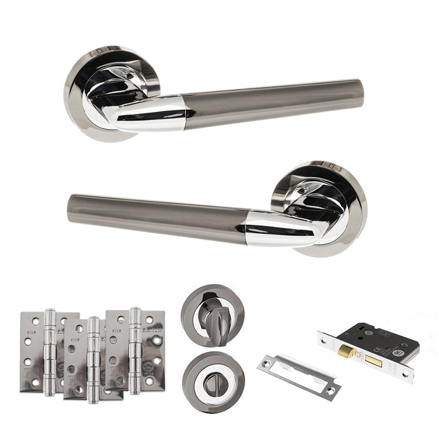 Quality image of STATUS Tennessee Door Handle Pack (Bathroom Set - 3" CE Bathroom Lock, 4" Fire Rated Hinges x3) - Black Nickel/Polished Chrome | Sku. adps37rbnpc11 | available from Trade Door Handles.