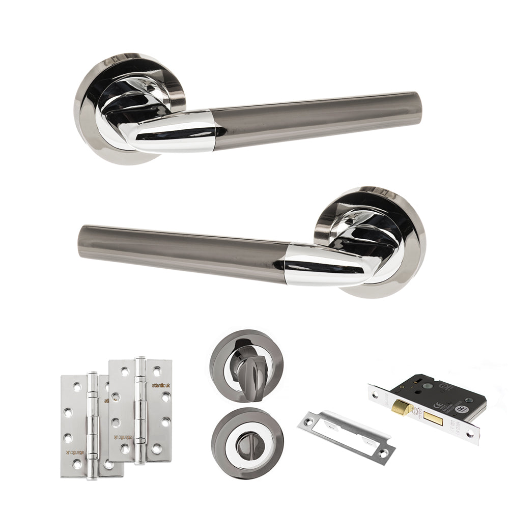 Quality image of STATUS Tennessee Door Handle Pack (Bathroom Set - 2.5" CE Bathroom Lock, 4" Slim Knuckle Hinges x2) - Black Nickel/Polished Chrome | Sku. adps37rbnpc12 | available from Trade Door Handles.