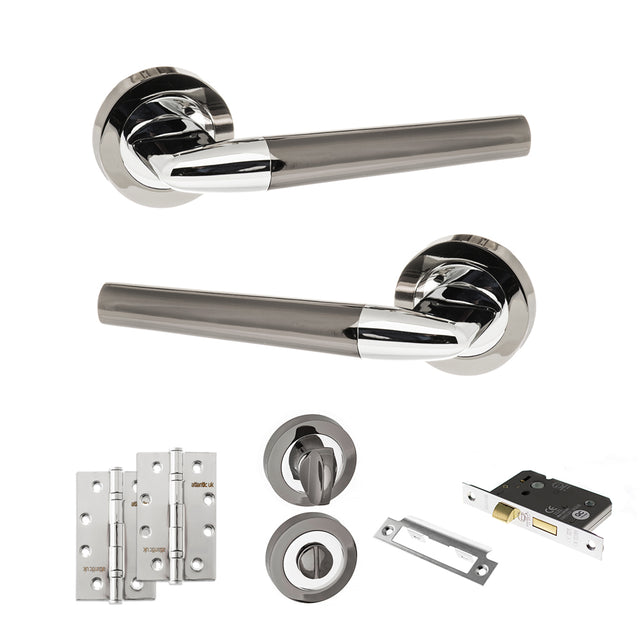 Quality image of STATUS Tennessee Door Handle Pack (Bathroom Set - 2.5" CE Bathroom Lock, 4" Slim Knuckle Hinges x2) - Black Nickel/Polished Chrome | Sku. adps37rbnpc12 | available from Trade Door Handles.