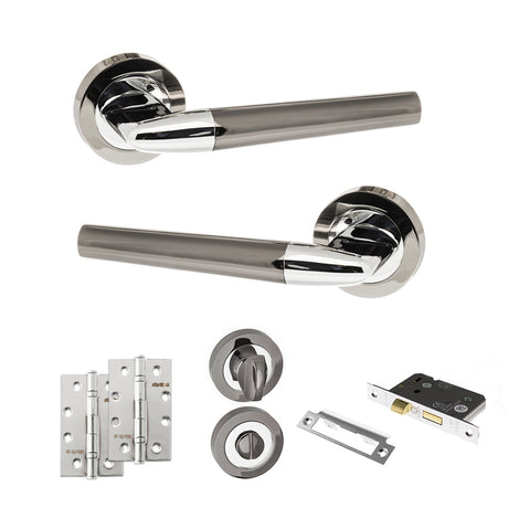 Quality image of STATUS Tennessee Door Handle Pack (Bathroom Set - 3" CE Bathroom Lock, 4" Slim Knuckle Hinges x2) - Black Nickel/Polished Chrome | Sku. adps37rbnpc13 | available from Trade Door Handles.