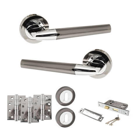 Quality image of STATUS Tennessee Door Handle Pack (3 Lever Lock Set - 2.5" CE Sashlock, 4" Fire Rated Hinges x3) - Black Nickel/Polished Chrome | Sku. adps37rbnpc16 | available from Trade Door Handles.