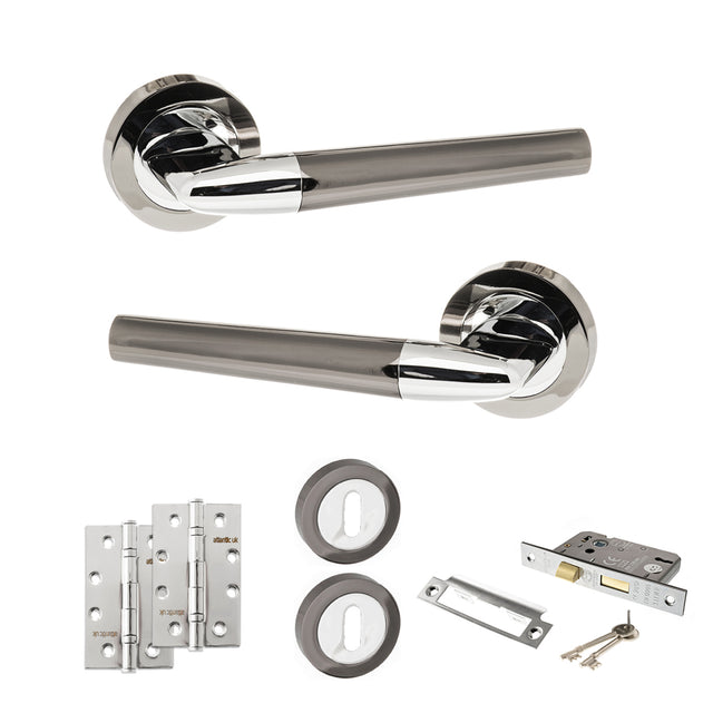 Quality image of STATUS Tennessee Door Handle Pack (3 Lever Lock Set - 3" CE Sashlock, 4" Slim Knuckle Hinges x2) - Black Nickel/Polished Chrome | Sku. adps37rbnpc19 | available from Trade Door Handles.