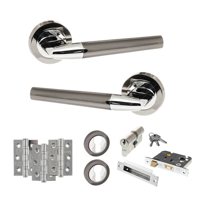 Quality image of STATUS Tennessee Door Handle Pack (Euro Lock Set - 2.5" CE Sashlock, 3" Fire Rated Hinges x3) - Black Nickel/Polished Chrome | Sku. adps37rbnpc20 | available from Trade Door Handles.