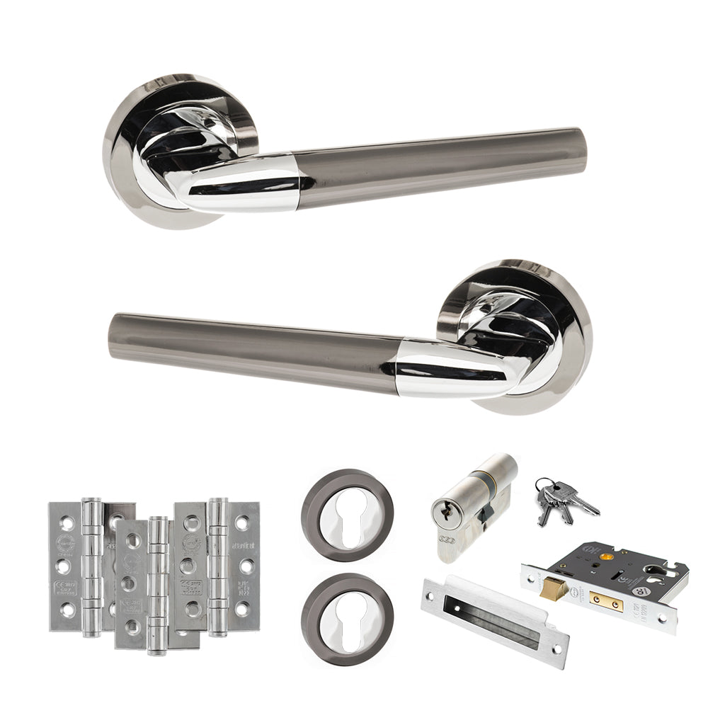 Quality image of STATUS Tennessee Door Handle Pack (Euro Lock Set - 3" CE Sashlock, 3" Fire Rated Hinges x3) - Black Nickel/Polished Chrome | Sku. adps37rbnpc21 | available from Trade Door Handles.