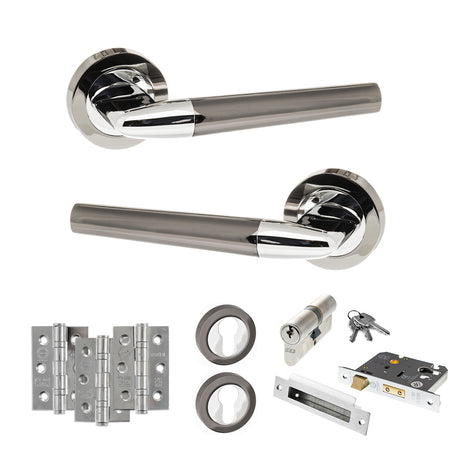 Quality image of STATUS Tennessee Door Handle Pack (Euro Lock Set - 3" CE Sashlock, 3" Fire Rated Hinges x3) - Black Nickel/Polished Chrome | Sku. adps37rbnpc21 | available from Trade Door Handles.