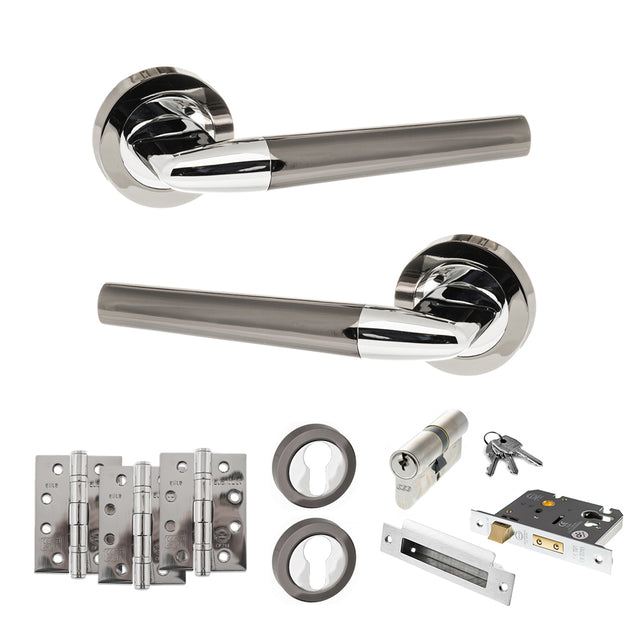 Quality image of STATUS Tennessee Door Handle Pack (Euro Lock Set - 2.5" CE Sashlock, 4" Fire Rated Hinges x3) - Black Nickel/Polished Chrome | Sku. adps37rbnpc22 | available from Trade Door Handles.