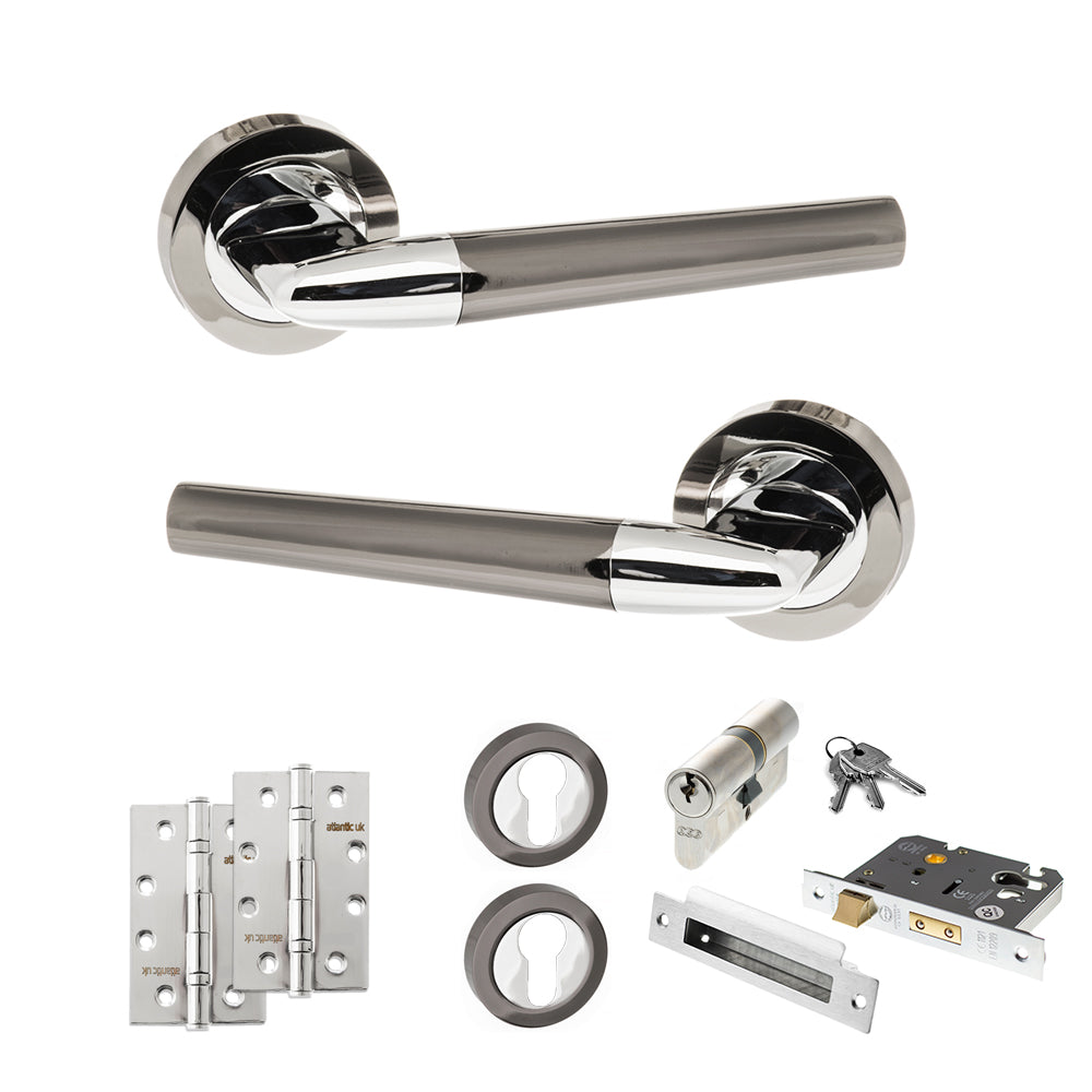 Quality image of STATUS Tennessee Door Handle Pack (Euro Lock Set - 3" CE Sashlock, 4" Slim Knuckle Hinges x2) - Black Nickel/Polished Chrome | Sku. adps37rbnpc25 | available from Trade Door Handles.