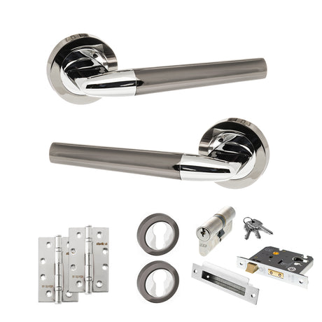 Quality image of STATUS Tennessee Door Handle Pack (Euro Lock Set - 3" CE Sashlock, 4" Slim Knuckle Hinges x2) - Black Nickel/Polished Chrome | Sku. adps37rbnpc25 | available from Trade Door Handles.