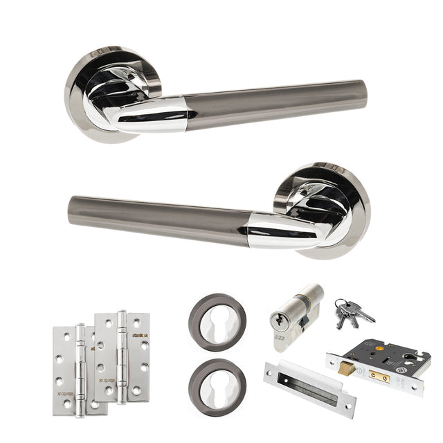 Quality image of STATUS Tennessee Door Handle Pack (Euro Lock Set - 3" CE Sashlock, 4" Slim Knuckle Hinges x2) - Black Nickel/Polished Chrome | Sku. adps37rbnpc25 | available from Trade Door Handles.