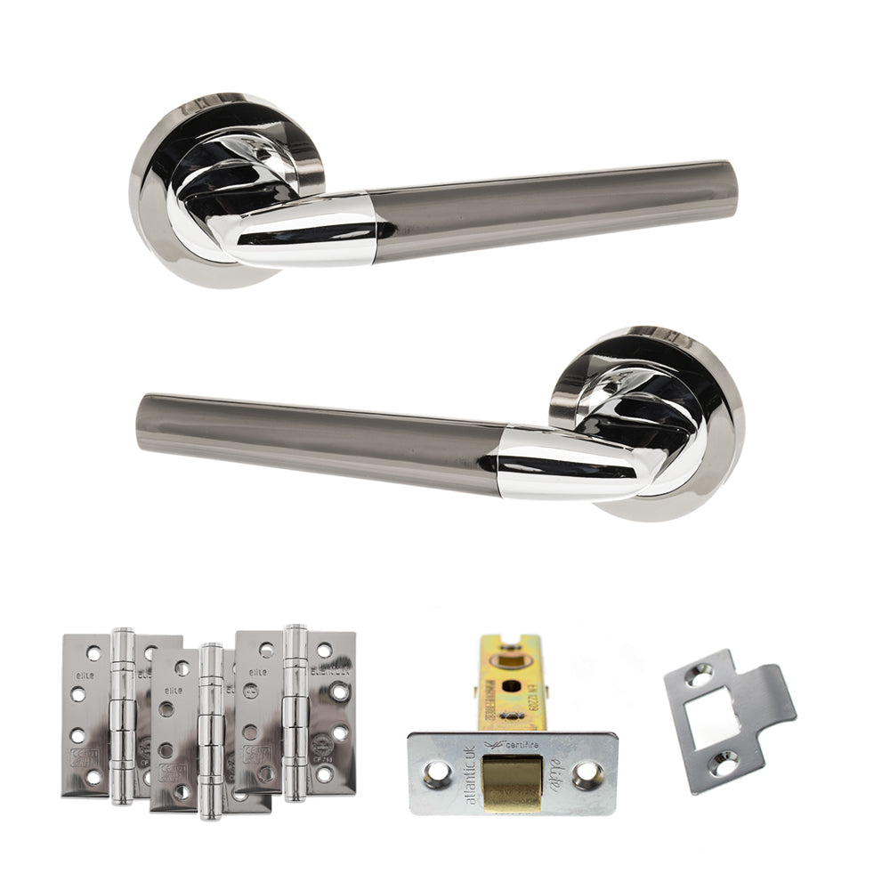 Quality image of STATUS Tennessee Door Handle Pack (Latch Set - 3" CE Latch, 4" Fire Rated Hinges x3) - Black Nickel/Polished Chrome | Sku. adps37rbnpc4 | available from Trade Door Handles.