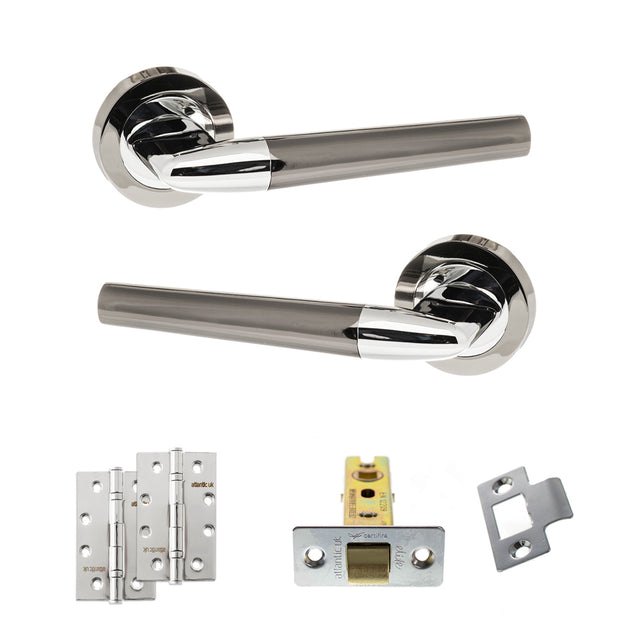 Quality image of STATUS Tennessee Door Handle Pack (Latch Set - 2.5" CE Latch, 4" Slim Knuckle Hinges x2) - Black Nickel/Polished Chrome | Sku. adps37rbnpc5 | available from Trade Door Handles.