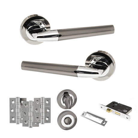 Quality image of STATUS Tennessee Door Handle Pack (Bathroom Set - 3" CE Bathroom Lock, 3" Fire Rated Hinges x3) - Black Nickel/Polished Chrome | Sku. adps37rbnpc9 | available from Trade Door Handles.
