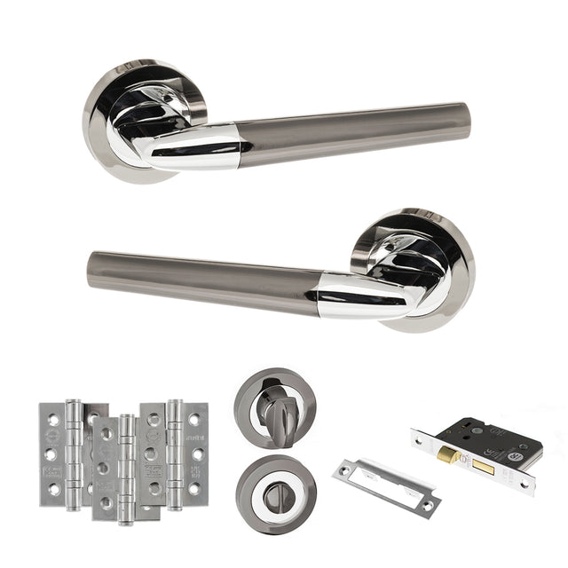 Quality image of STATUS Tennessee Door Handle Pack (Bathroom Set - 3" CE Bathroom Lock, 3" Fire Rated Hinges x3) - Black Nickel/Polished Chrome | Sku. adps37rbnpc9 | available from Trade Door Handles.