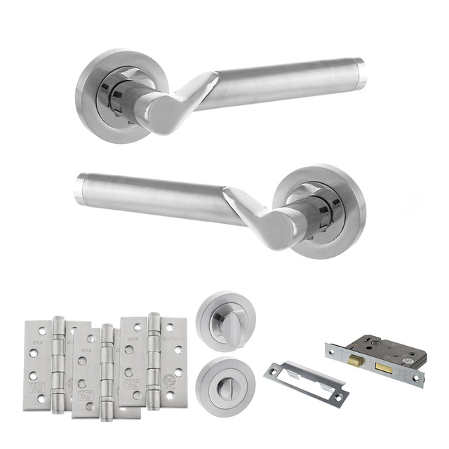 Quality image of STATUS Hawaii Door Handle Pack (Bathroom Set - 3" CE Bathroom Lock, 4" Fire Rated Hinges x3) - Satin Chrome/Polished Chrome | Sku. adps38rscpc11 | available from Trade Door Handles.