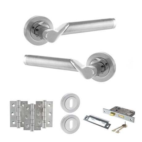 Quality image of STATUS Hawaii Door Handle Pack (3 Lever Lock Set - 3" CE Sashlock, 3" Fire Rated Hinges x3) - Satin Chrome/Polished Chrome | Sku. adps38rscpc15 | available from Trade Door Handles.