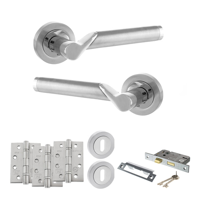Quality image of STATUS Hawaii Door Handle Pack (3 Lever Lock Set - 3" CE Sashlock, 4" Fire Rated Hinges x3) - Satin Chrome/Polished Chrome | Sku. adps38rscpc17 | available from Trade Door Handles.