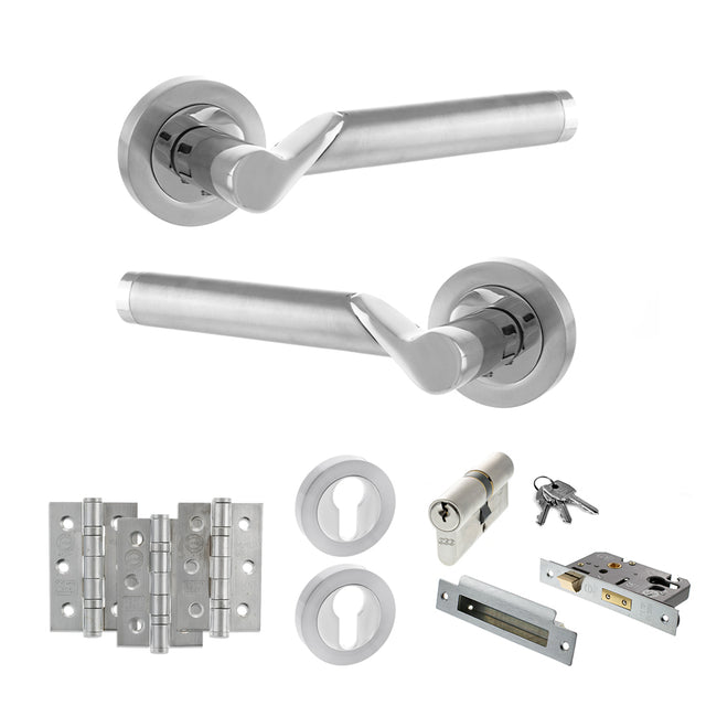 Quality image of STATUS Hawaii Door Handle Pack (Euro Lock Set - 2.5" CE Sashlock, 3" Fire Rated Hinges x3) - Satin Chrome/Polished Chrome | Sku. adps38rscpc20 | available from Trade Door Handles.