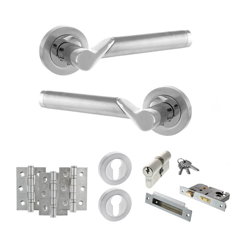 Quality image of STATUS Hawaii Door Handle Pack (Euro Lock Set - 3" CE Sashlock, 3" Fire Rated Hinges x3) - Satin Chrome/Polished Chrome | Sku. adps38rscpc21 | available from Trade Door Handles.