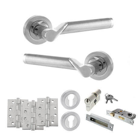 Quality image of STATUS Hawaii Door Handle Pack (Euro Lock Set - 2.5" CE Sashlock, 4" Fire Rated Hinges x3) - Satin Chrome/Polished Chrome | Sku. adps38rscpc22 | available from Trade Door Handles.