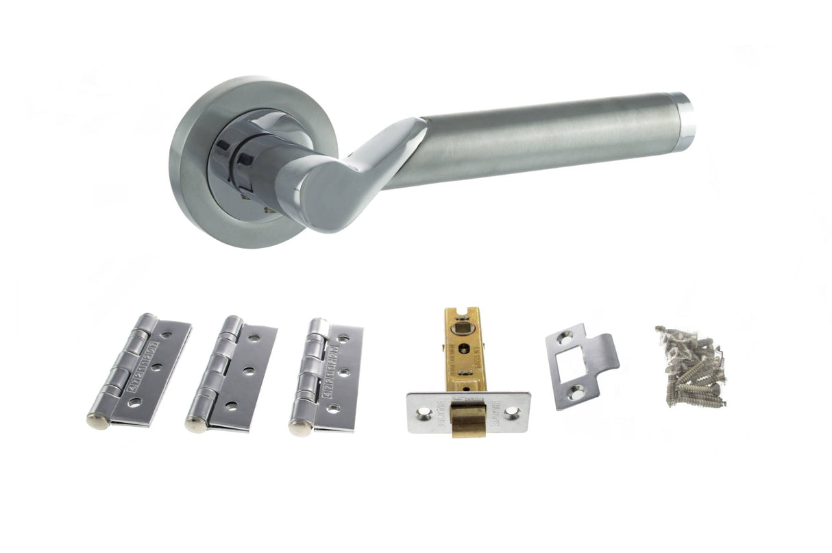 Quality image of STATUS Hawaii Door Handle Pack (Latch Set - 2.5" CE Latch, 3" Fire Rated Hinges x3) - Satin Chrome/Polished Chrome | Sku. adps38rscpc1 | available from Trade Door Handles.