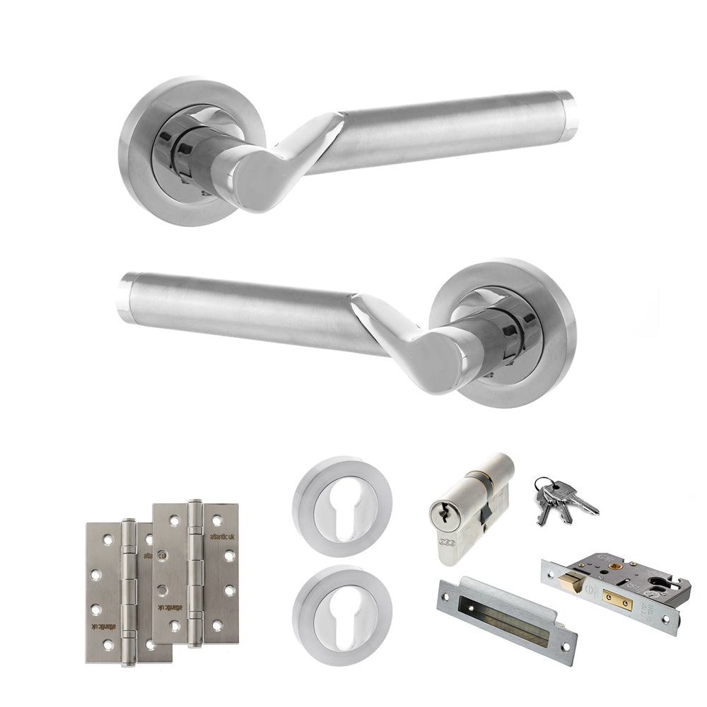 Quality image of STATUS Hawaii Door Handle Pack (Euro Lock Set - 3" CE Sashlock, 4" Slim Knuckle Hinges x2) - Satin Chrome/Polished Chrome | Sku. adps38rscpc25 | available from Trade Door Handles.