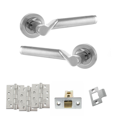Quality image of STATUS Hawaii Door Handle Pack (Latch Set - 3" CE Latch, 4" Fire Rated Hinges x3) - Satin Chrome/Polished Chrome | Sku. adps38rscpc4 | available from Trade Door Handles.