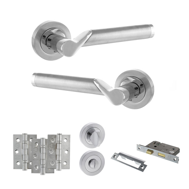 Quality image of STATUS Hawaii Door Handle Pack (Bathroom Set - 3" CE Bathroom Lock, 3" Fire Rated Hinges x3) - Satin Chrome/Polished Chrome | Sku. adps38rscpc9 | available from Trade Door Handles.