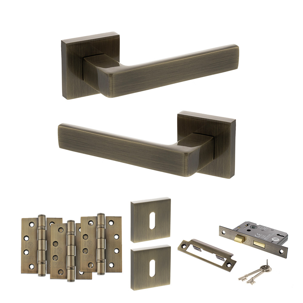 Quality image of STATUS Montana Door Handle Pack (3 Lever Lock Set - 3" CE Sashlock, 4" Fire Rated Hinges x3) - Antique Brass | Sku. adps40sab17 | available from Trade Door Handles.