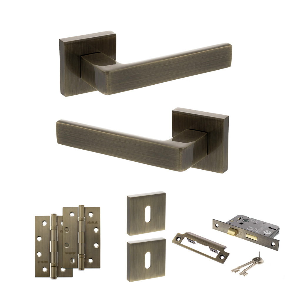 Quality image of STATUS Montana Door Handle Pack (3 Lever Lock Set - 3" CE Sashlock, 4" Slim Knuckle Hinges x2) - Antique Brass | Sku. adps40sab19 | available from Trade Door Handles.