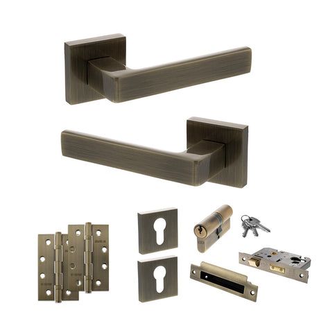 Quality image of STATUS Montana Door Handle Pack (Euro Lock Set - 3" CE Sashlock, 4" Slim Knuckle Hinges x2) - Antique Brass | Sku. adps40sab25 | available from Trade Door Handles.