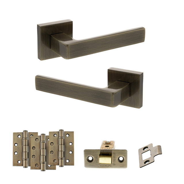 Quality image of STATUS Montana Door Handle Pack (Latch Set - 2.5" CE Latch, 4" Fire Rated Hinges x3) - Antique Brass | Sku. adps40sab3 | available from Trade Door Handles.
