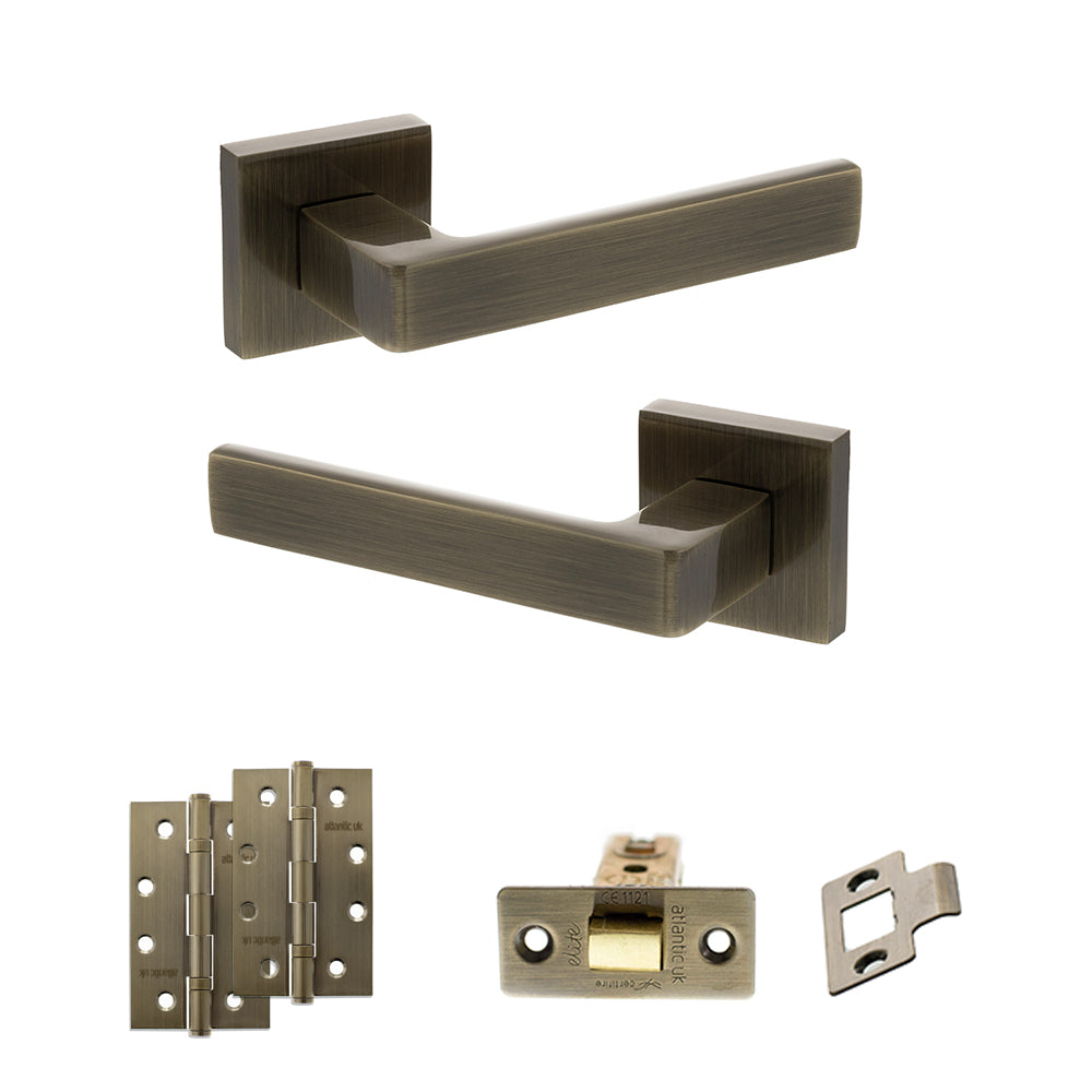 Quality image of STATUS Montana Door Handle Pack (Latch Set - 3" CE Latch, 4" Slim Knuckle Hinges x2) - Antique Brass | Sku. adps40sab6 | available from Trade Door Handles.