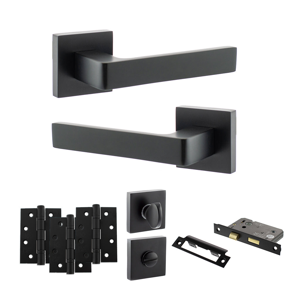Quality image of STATUS Montana Door Handle Pack (Bathroom Set - 2.5" CE Bathroom Lock, 4" Fire Rated Hinges x3) - Matt Black | Sku. adps40smb10 | available from Trade Door Handles.