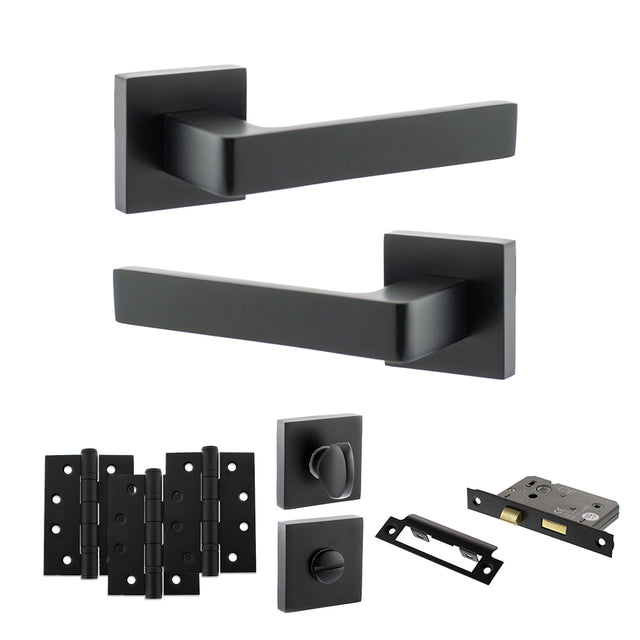 Quality image of STATUS Montana Door Handle Pack (Bathroom Set - 2.5" CE Bathroom Lock, 4" Fire Rated Hinges x3) - Matt Black | Sku. adps40smb10 | available from Trade Door Handles.