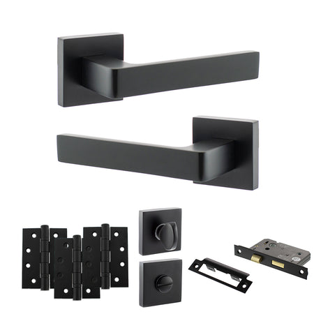 Quality image of STATUS Montana Door Handle Pack (Bathroom Set - 3" CE Bathroom Lock, 4" Fire Rated Hinges x3) - Matt Black | Sku. adps40smb11 | available from Trade Door Handles.