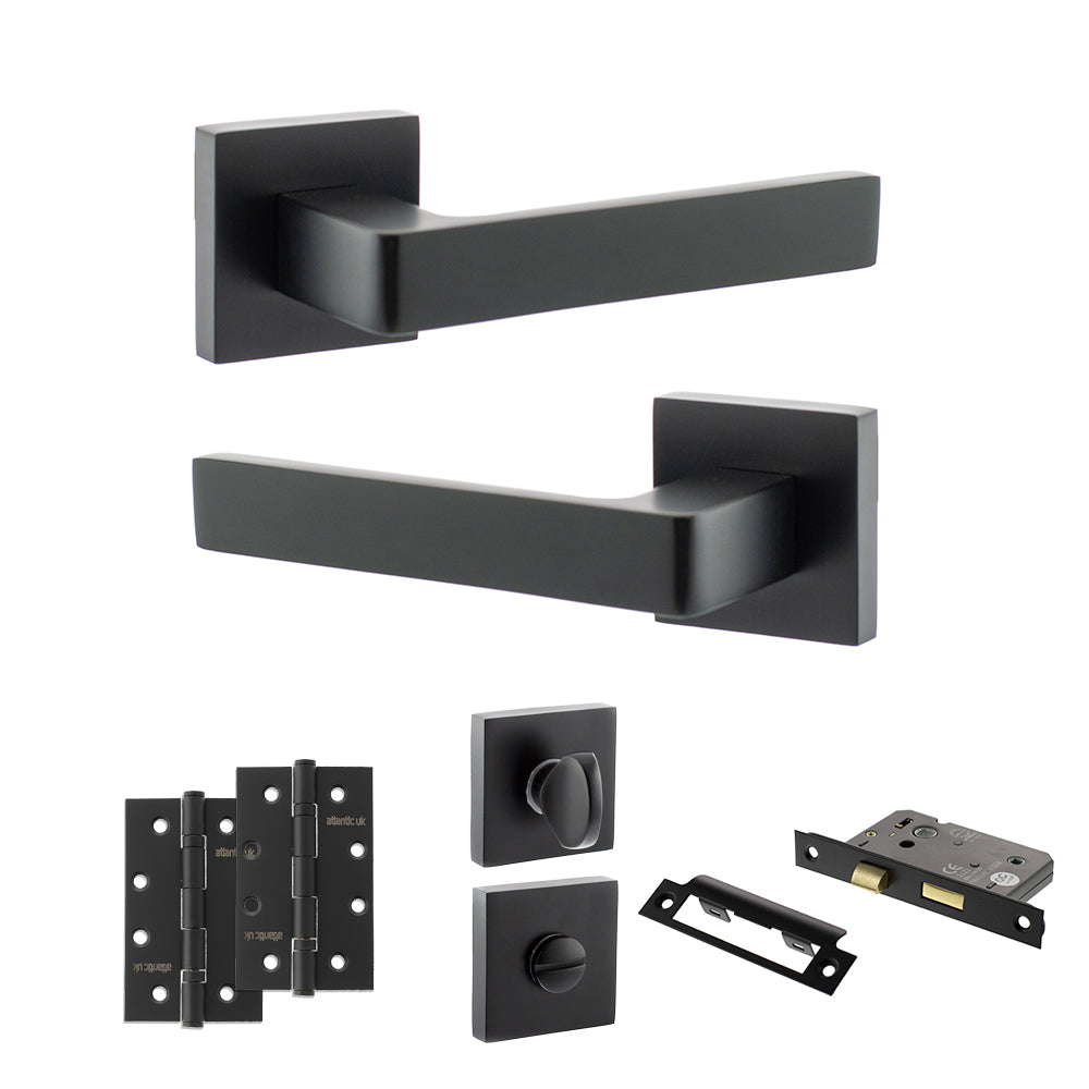 Quality image of STATUS Montana Door Handle Pack (Bathroom Set - 3" CE Bathroom Lock, 4" Slim Knuckle Hinges x2) - Matt Black | Sku. adps40smb13 | available from Trade Door Handles.
