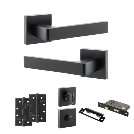 Quality image of STATUS Montana Door Handle Pack (Bathroom Set - 3" CE Bathroom Lock, 4" Slim Knuckle Hinges x2) - Matt Black | Sku. adps40smb13 | available from Trade Door Handles.