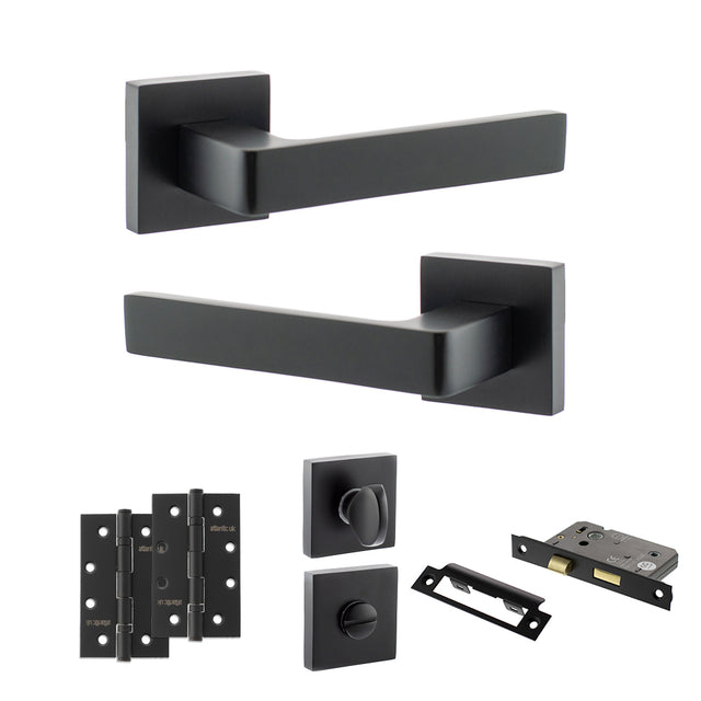 Quality image of STATUS Montana Door Handle Pack (Bathroom Set - 3" CE Bathroom Lock, 4" Slim Knuckle Hinges x2) - Matt Black | Sku. adps40smb13 | available from Trade Door Handles.