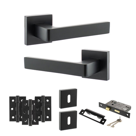 Quality image of STATUS Montana Door Handle Pack (3 Lever Lock Set - 3" CE Sashlock, 3" Fire Rated Hinges x3) - Matt Black | Sku. adps40smb15 | available from Trade Door Handles.