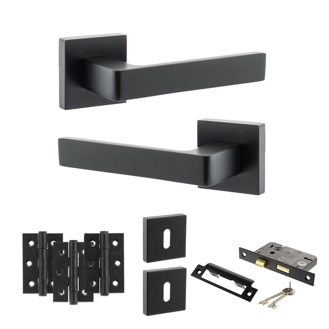 Quality image of STATUS Montana Door Handle Pack (3 Lever Lock Set - 3" CE Sashlock, 3" Fire Rated Hinges x3) - Matt Black | Sku. adps40smb15 | available from Trade Door Handles.