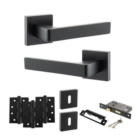 Quality image of STATUS Montana Door Handle Pack (3 Lever Lock Set - 2.5" CE Sashlock, 4" Fire Rated Hinges x3) - Matt Black | Sku. adps40smb16 | available from Trade Door Handles.