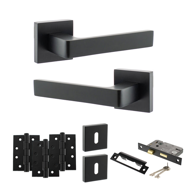 Quality image of STATUS Montana Door Handle Pack (3 Lever Lock Set - 2.5" CE Sashlock, 4" Fire Rated Hinges x3) - Matt Black | Sku. adps40smb16 | available from Trade Door Handles.
